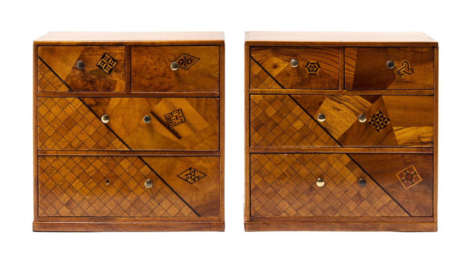 A Pair of Japanese Inlaid-Walnut Miniature Cabinets Height 12 inches. — 20TH CENTURY