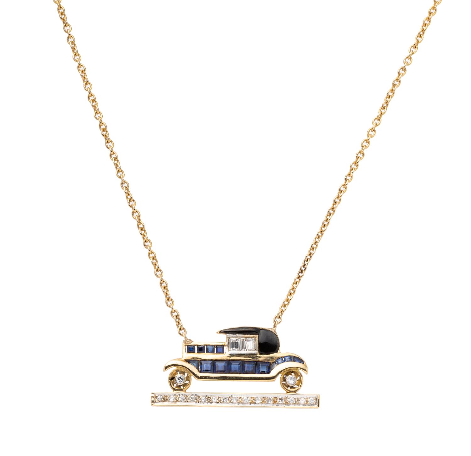 YELLOW GOLD, SAPPHIRE AND DIAMOND CAR NECKLACE