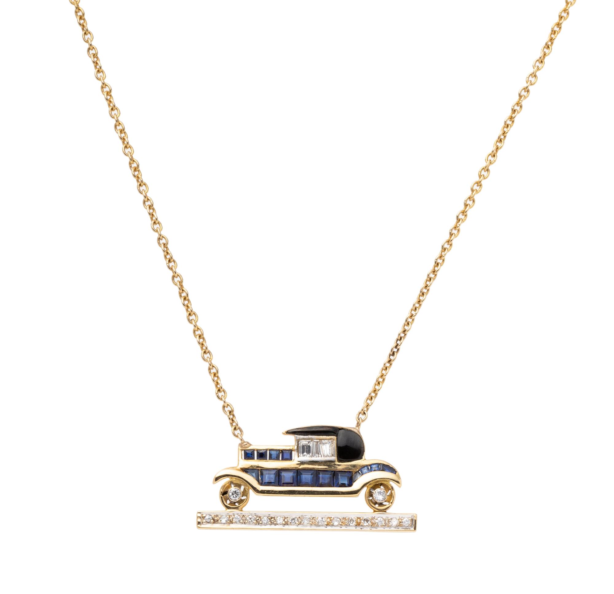 YELLOW GOLD, SAPPHIRE AND DIAMOND CAR NECKLACE