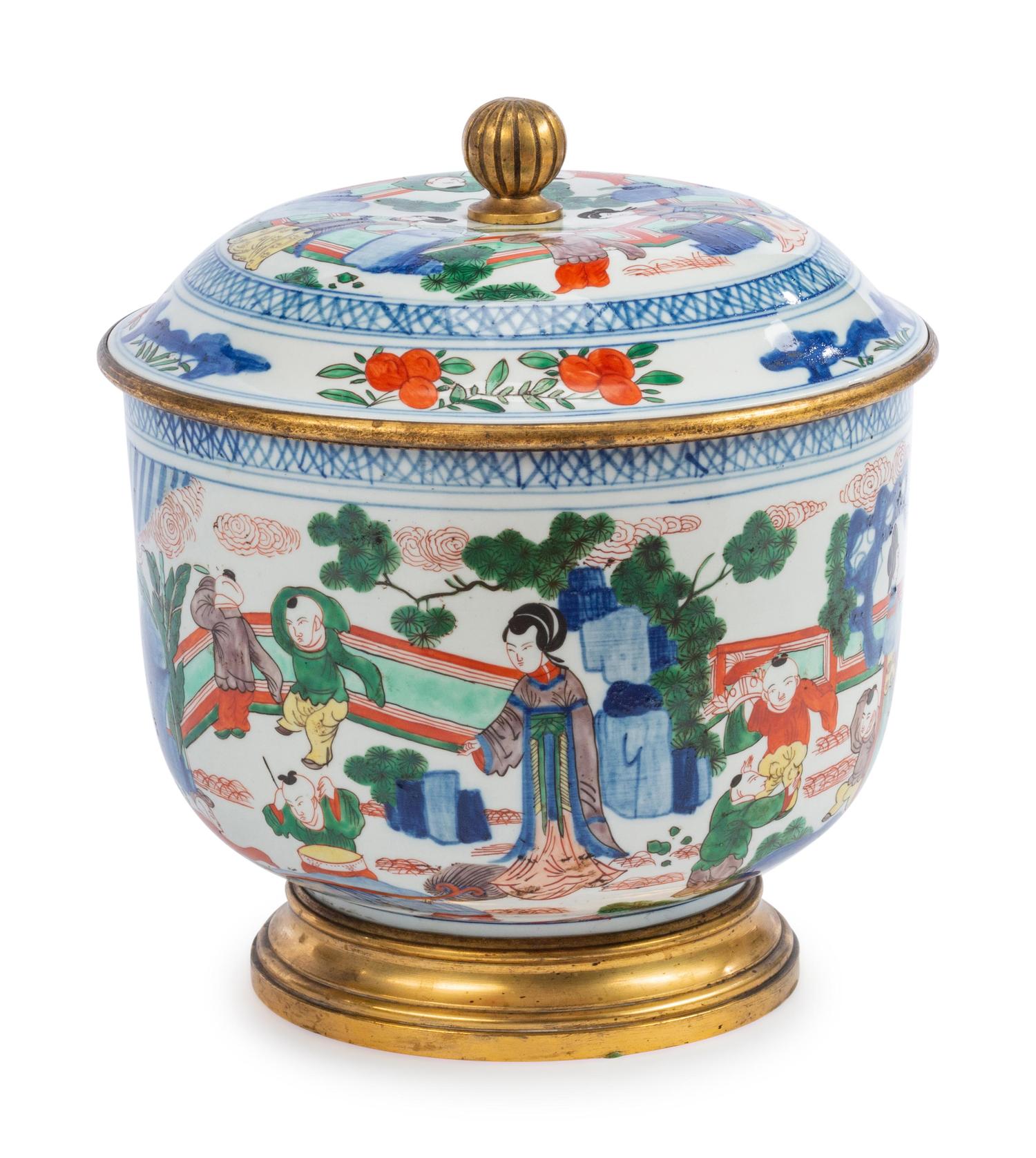 A Chinese Gilt Metal Mounted Famille Verte Porcelain Covered Vessel