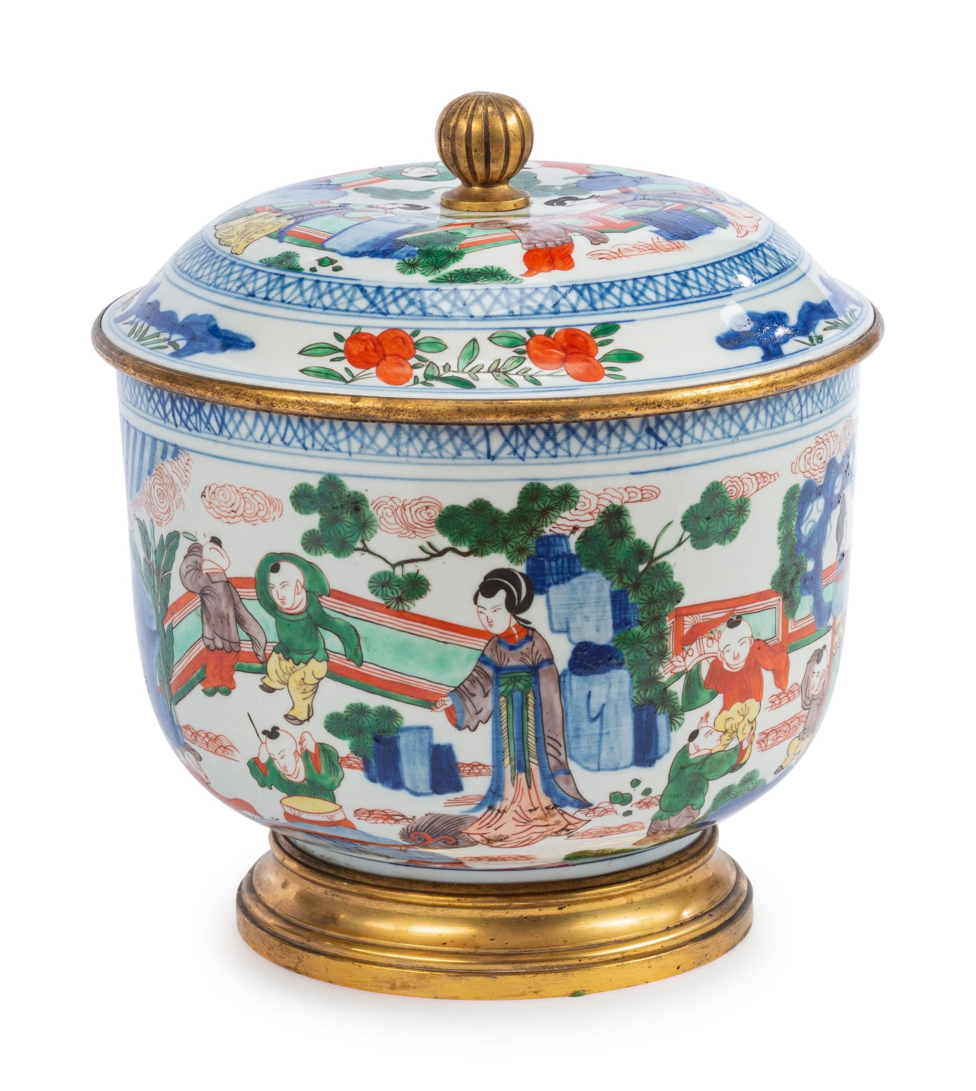 A Chinese Gilt Metal Mounted Famille Verte Porcelain Covered Vessel