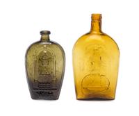Two Molded Glass Amber and Olive Green Flasks