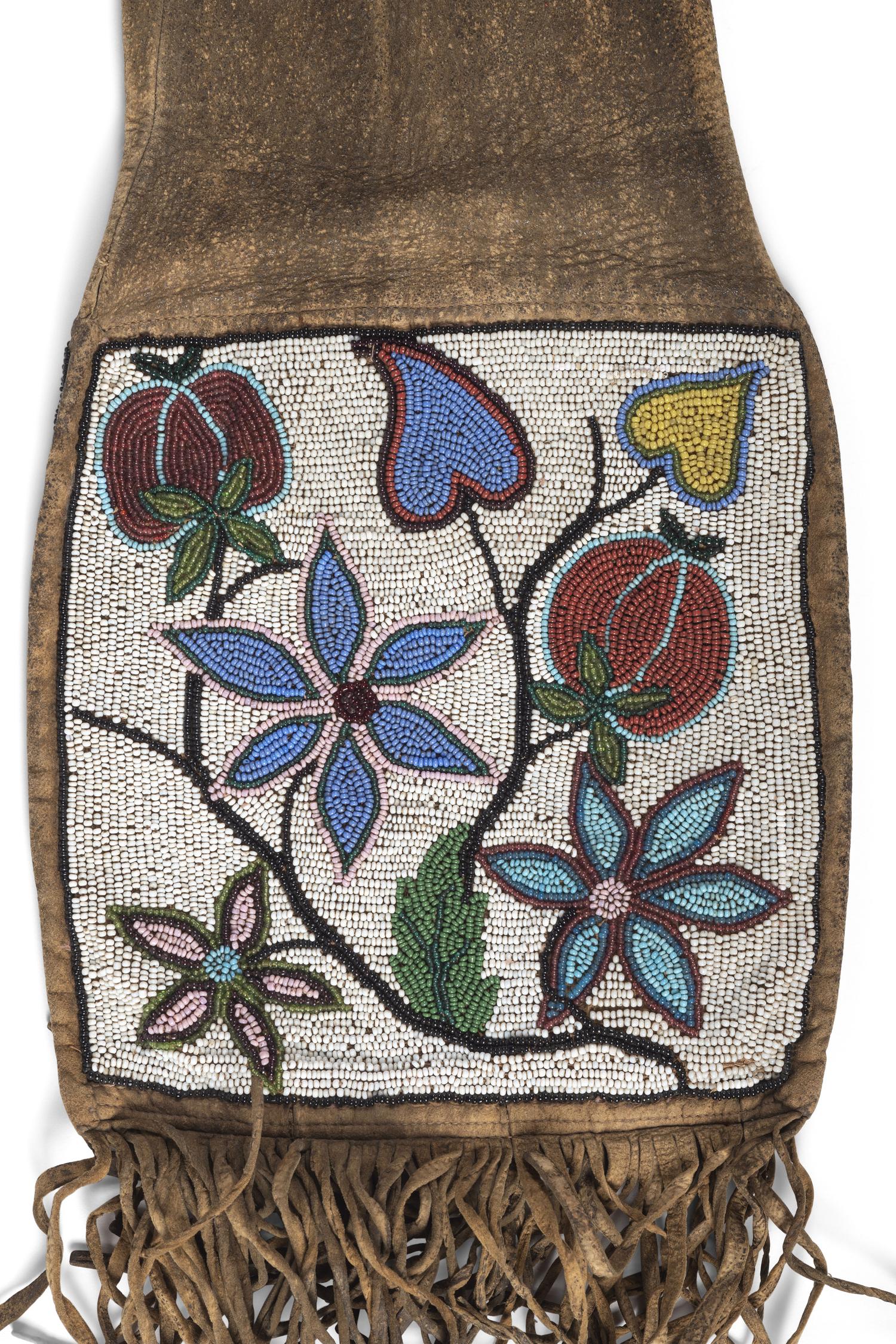Great Lakes Beaded Hide Tobacco Bag, Depicting Flowers in a Vase