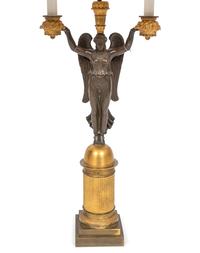 An Empire Style Parcel-Gilt and Patinated Bronze Figural Candelabrum Mounted as a Lamp