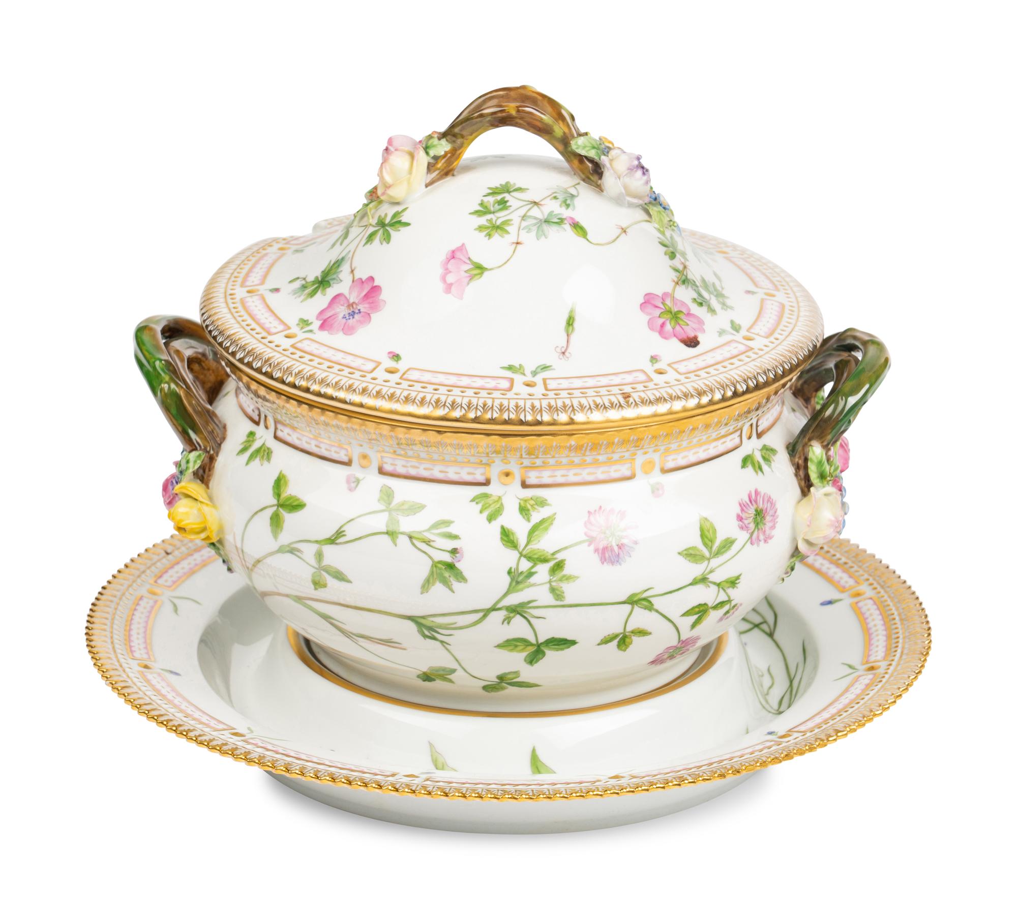 A Royal Copenhagen Flora Danica Porcelain Circular Covered Tureen and Stand