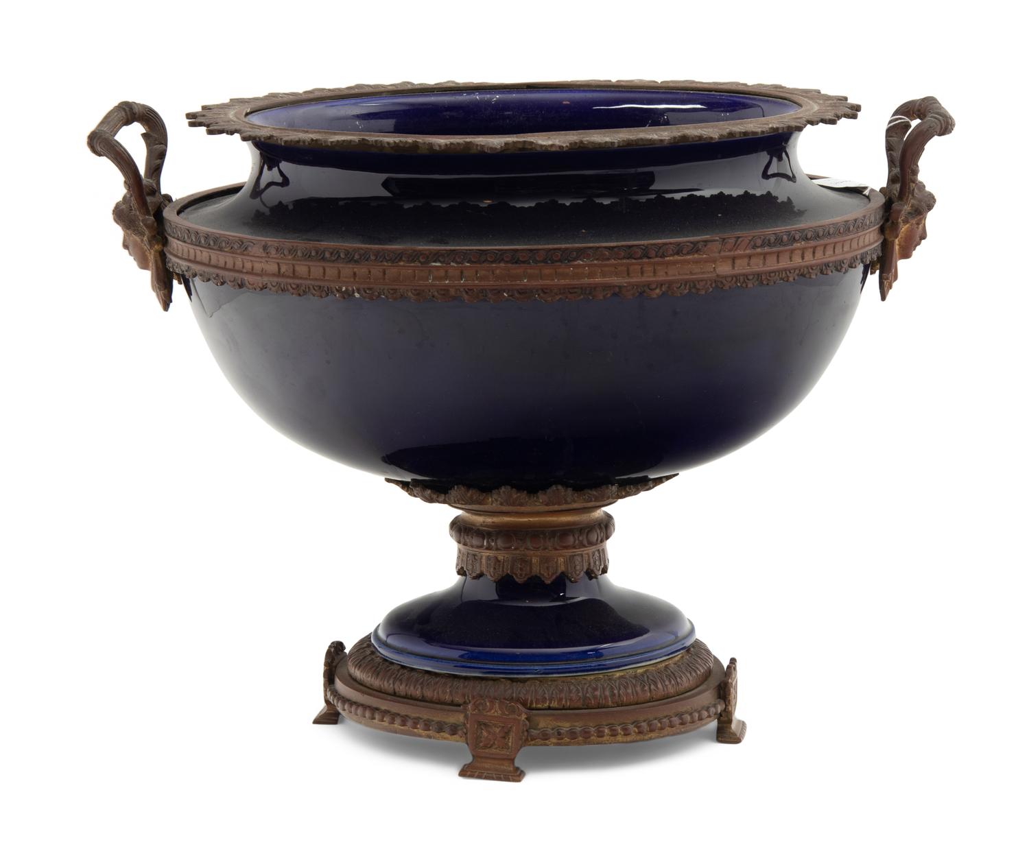 A French Gilt Metal Mounted Cobalt Earthenware Centerpiece