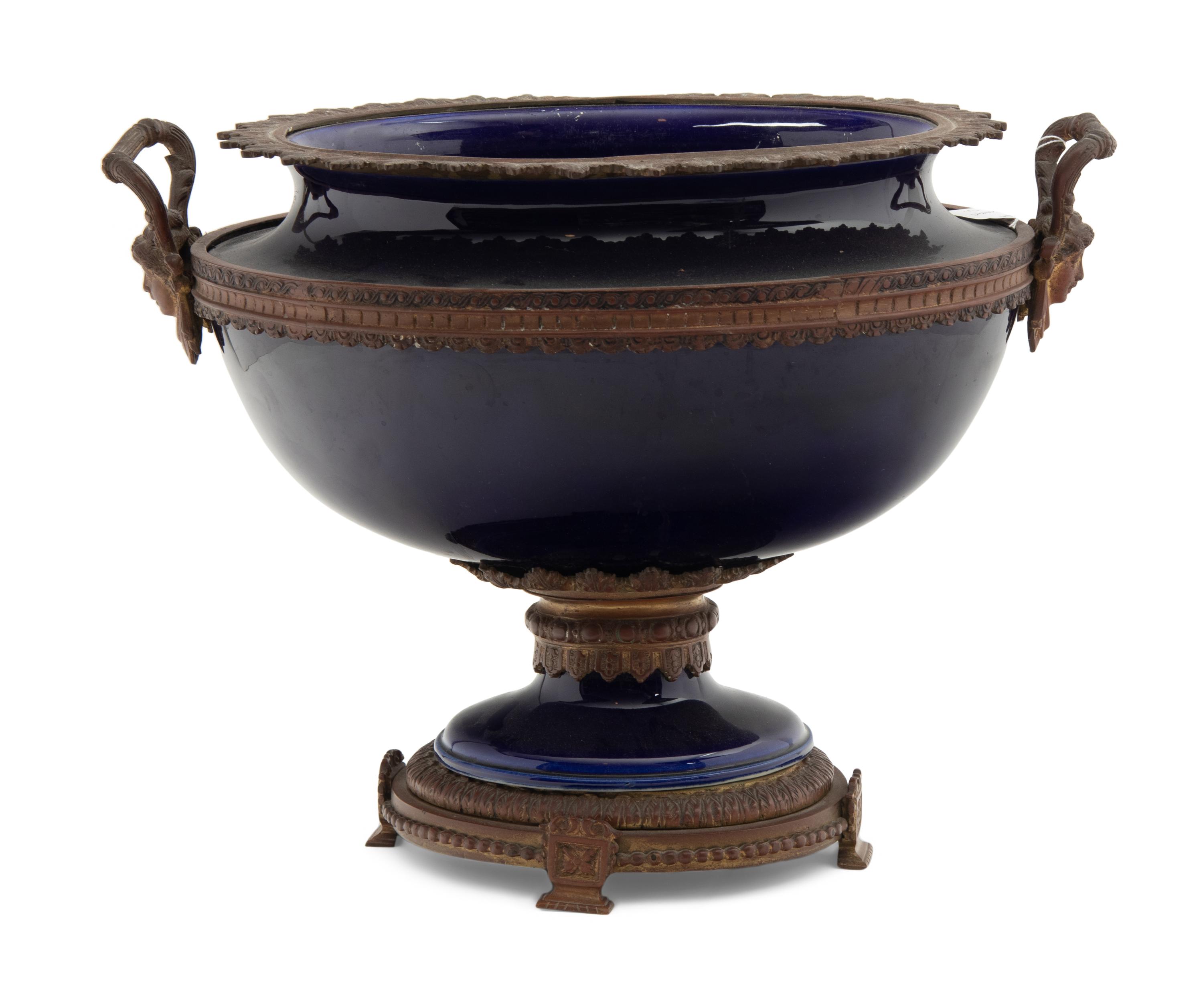 A French Gilt Metal Mounted Cobalt Earthenware Centerpiece