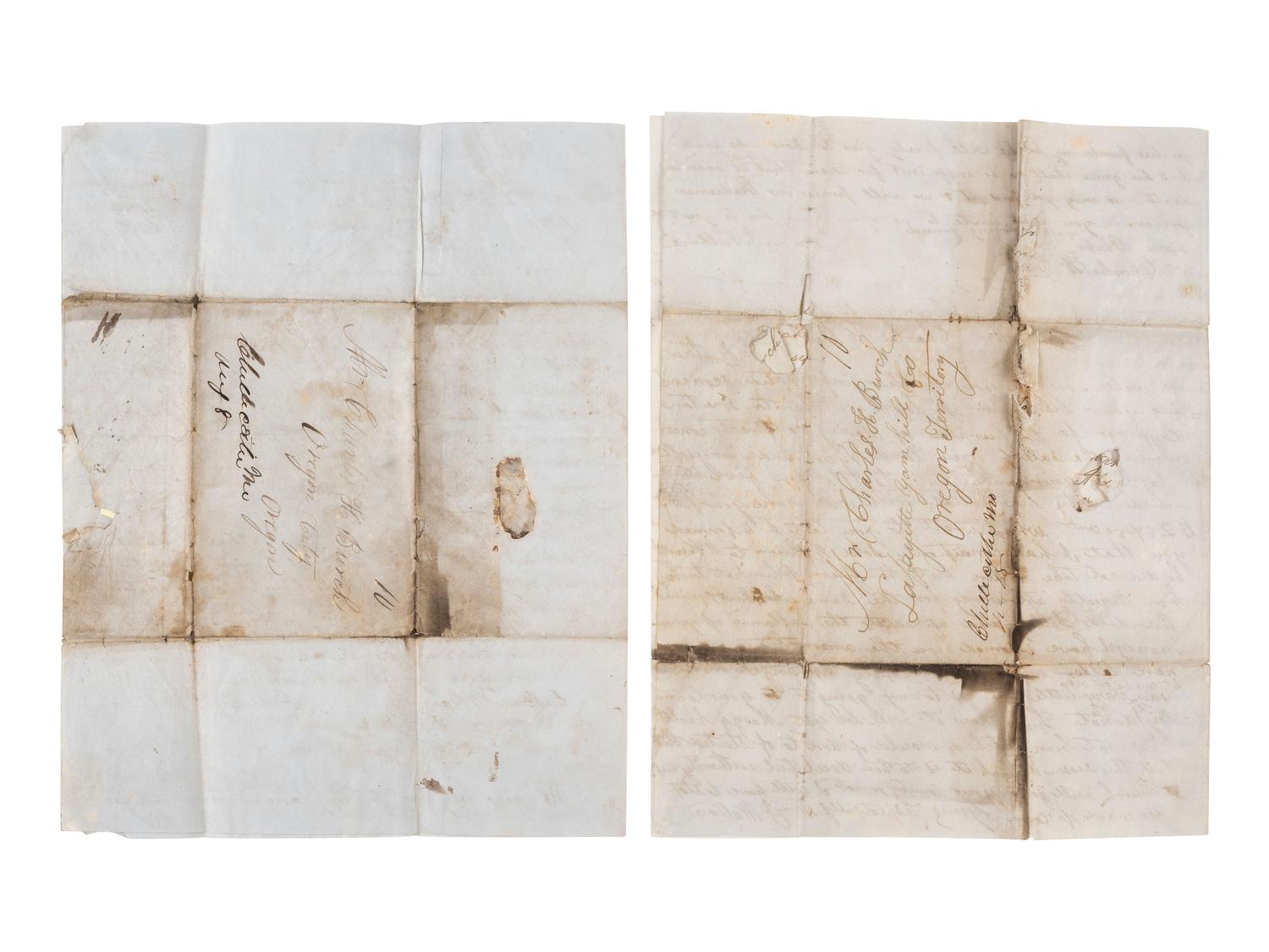 [WESTERN AMERICANA]. A group of 5 letters sent from Missouri and hand-carried along the Oregon Trail to Charles H. Burch (1828-1904), a "Pioneer of 1844" and one of Oregon's earliest settlers.