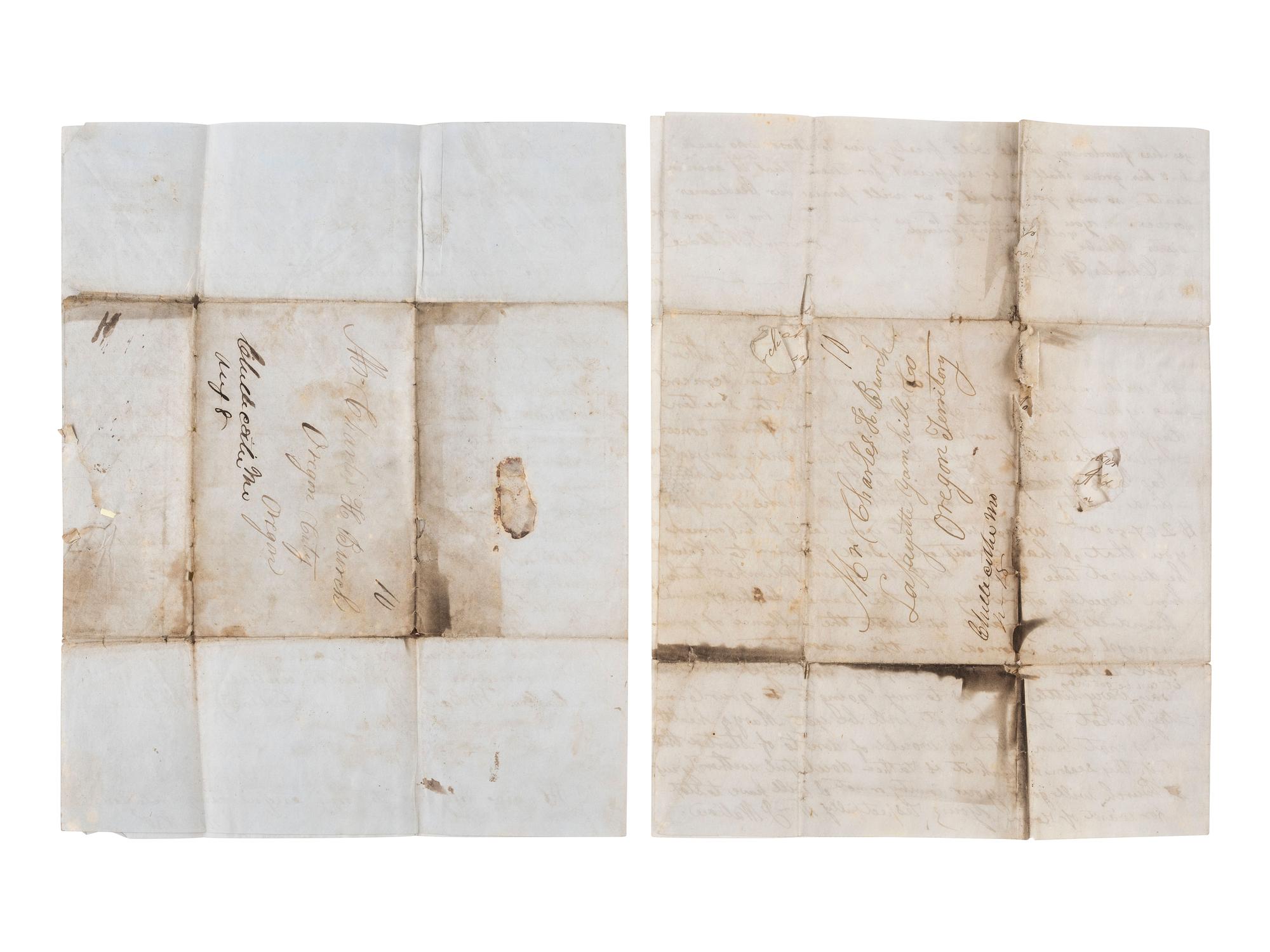 [WESTERN AMERICANA]. A group of 5 letters sent from Missouri and hand-carried along the Oregon Trail to Charles H. Burch (1828-1904), a "Pioneer of 1844" and one of Oregon's earliest settlers.