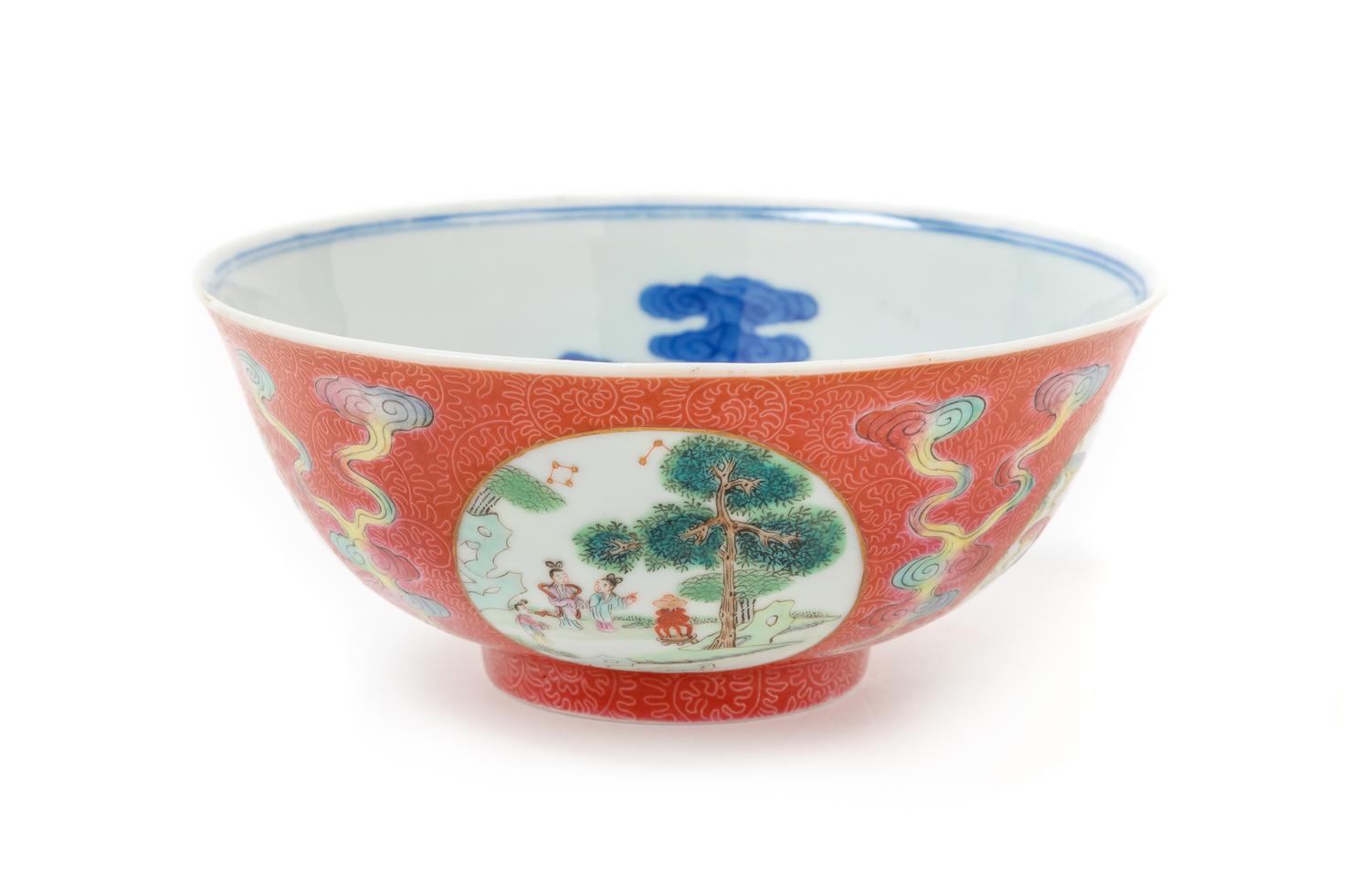 A Ruby-Ground Famille Rose Sgraffiato Porcelain Bowl