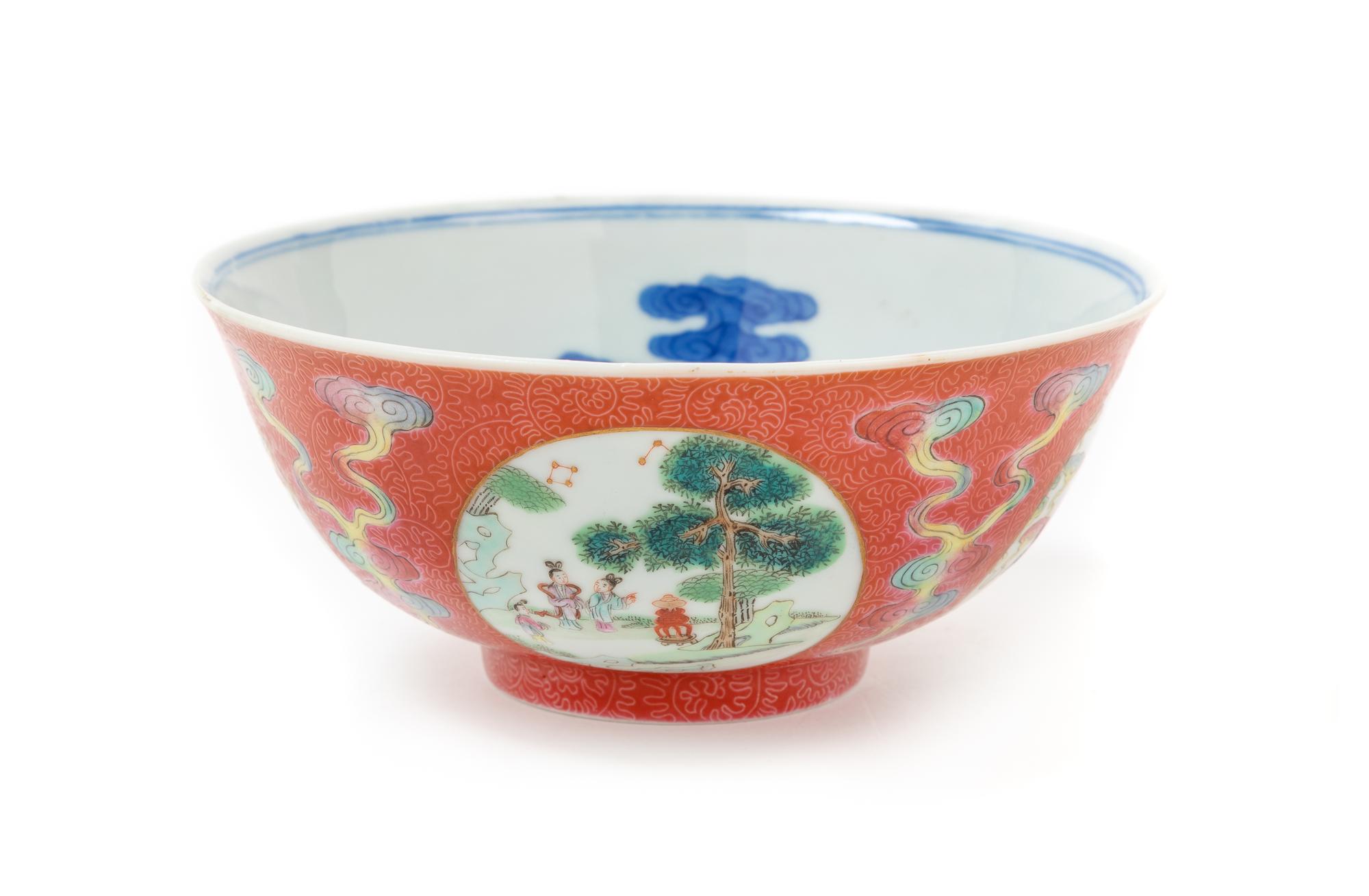 A Ruby-Ground Famille Rose Sgraffiato Porcelain Bowl