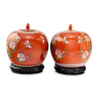 A Pair of Chinese Coral Red-Ground Famille Rose Porcelain Covered Jars