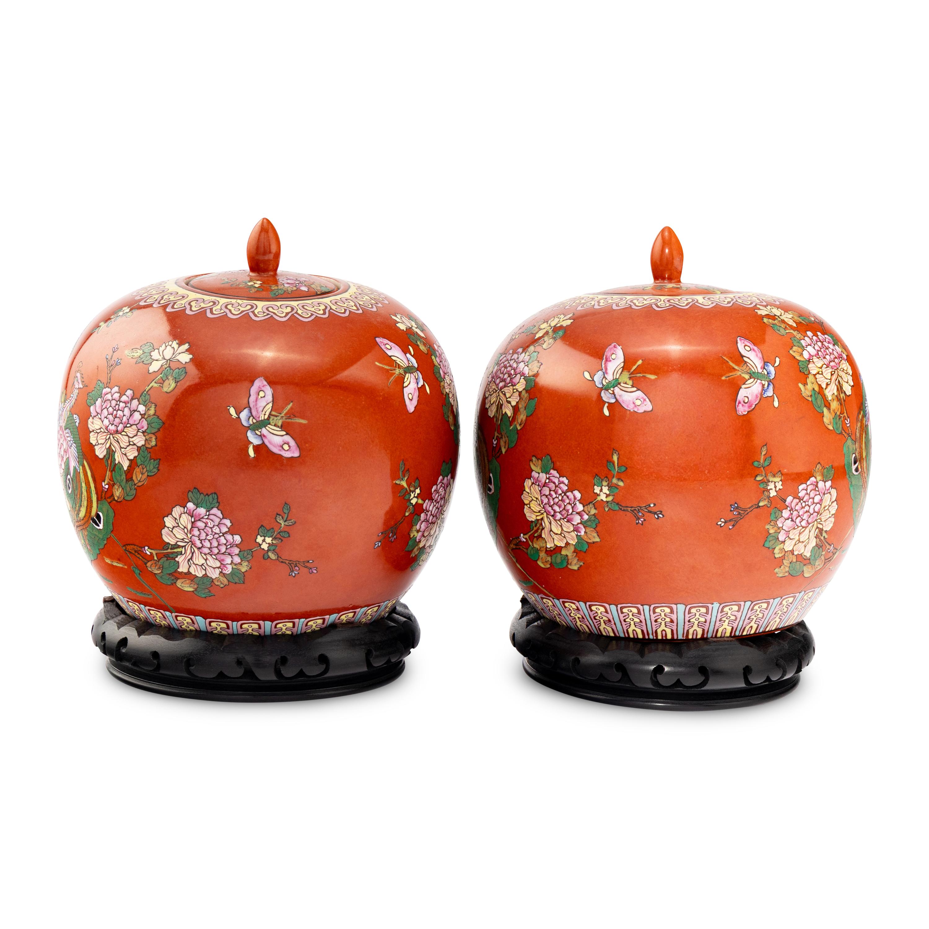 A Pair of Chinese Coral Red-Ground Famille Rose Porcelain Covered Jars