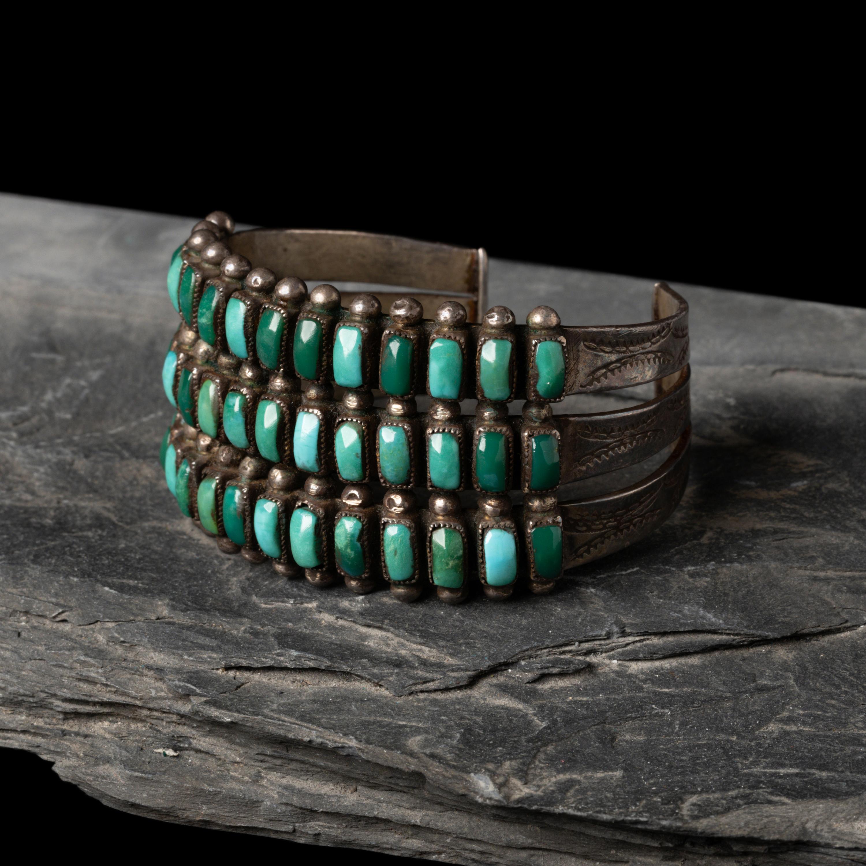 Navajo or Zuni Silver and Turquoise Cluster Cuff Bracelet