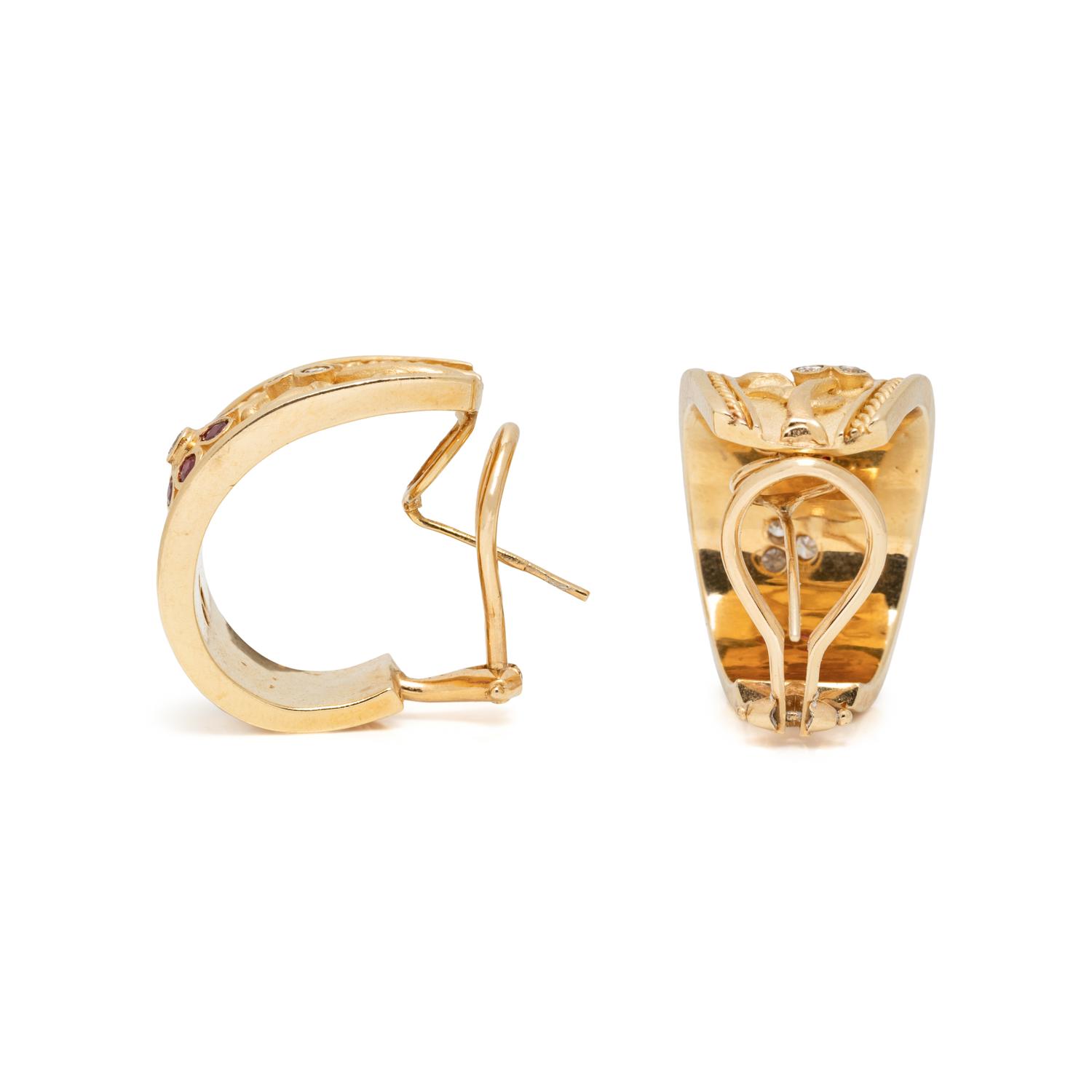YELLOW GOLD, RUBY, AND DIAMOND HOOP EARRINGS