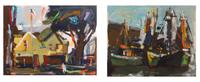 Two works: House with Flag and Harbor Scene