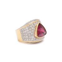 RUBELLITE, DIAMOND, AND BICOLOR GOLD RING