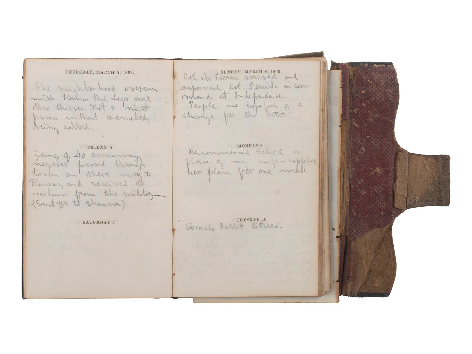 [CIVIL WAR] -- [QUANTRILL'S RAIDERS]. Diary of H.M. McCarty, editor of the Border Star at Westport, Missouri, with entries referencing 1863 clashes between Union soldiers and southern sympathizers, guerilla activity, and Quantrill's Raiders.