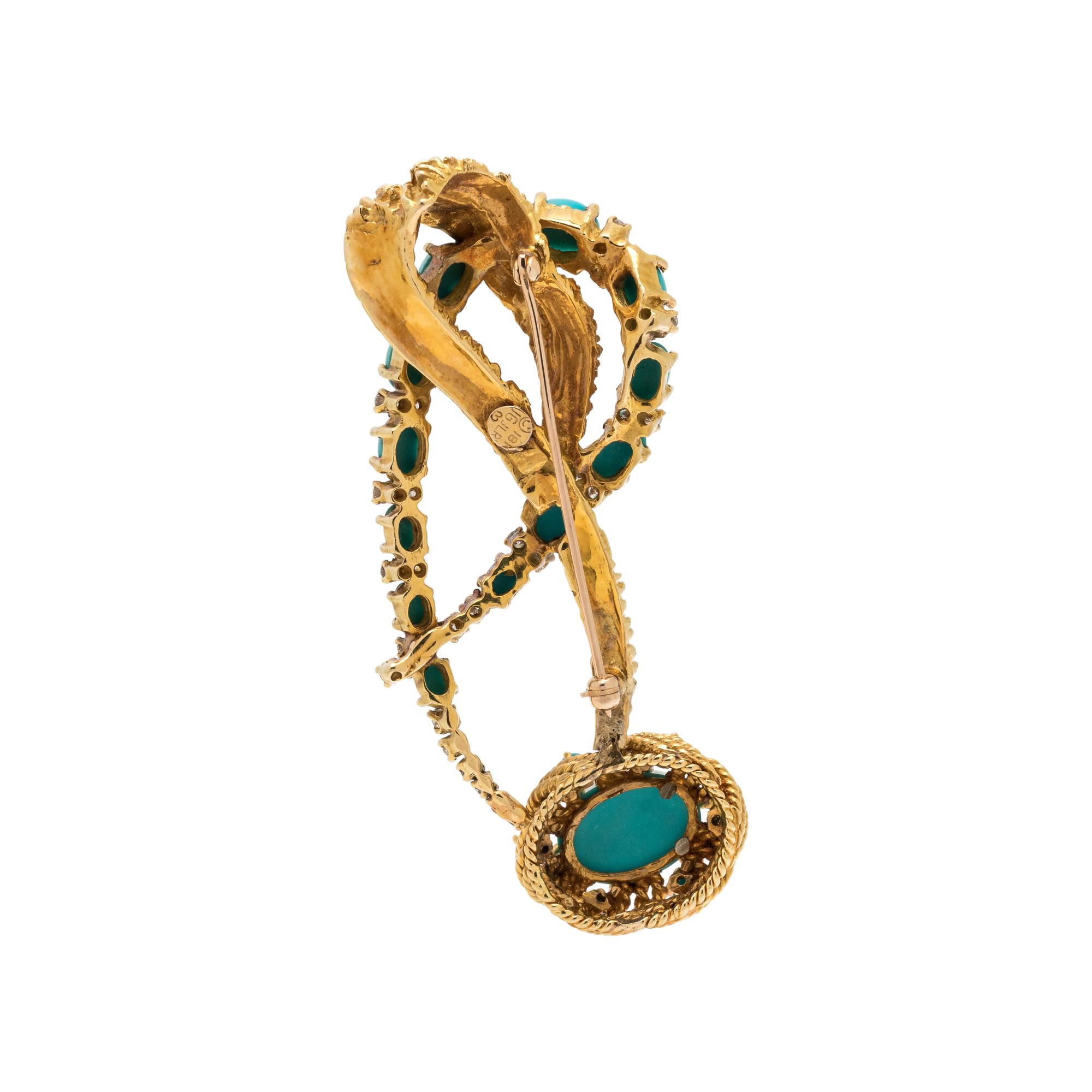 YELLOW GOLD, TURQUOISE AND DIAMOND BROOCH