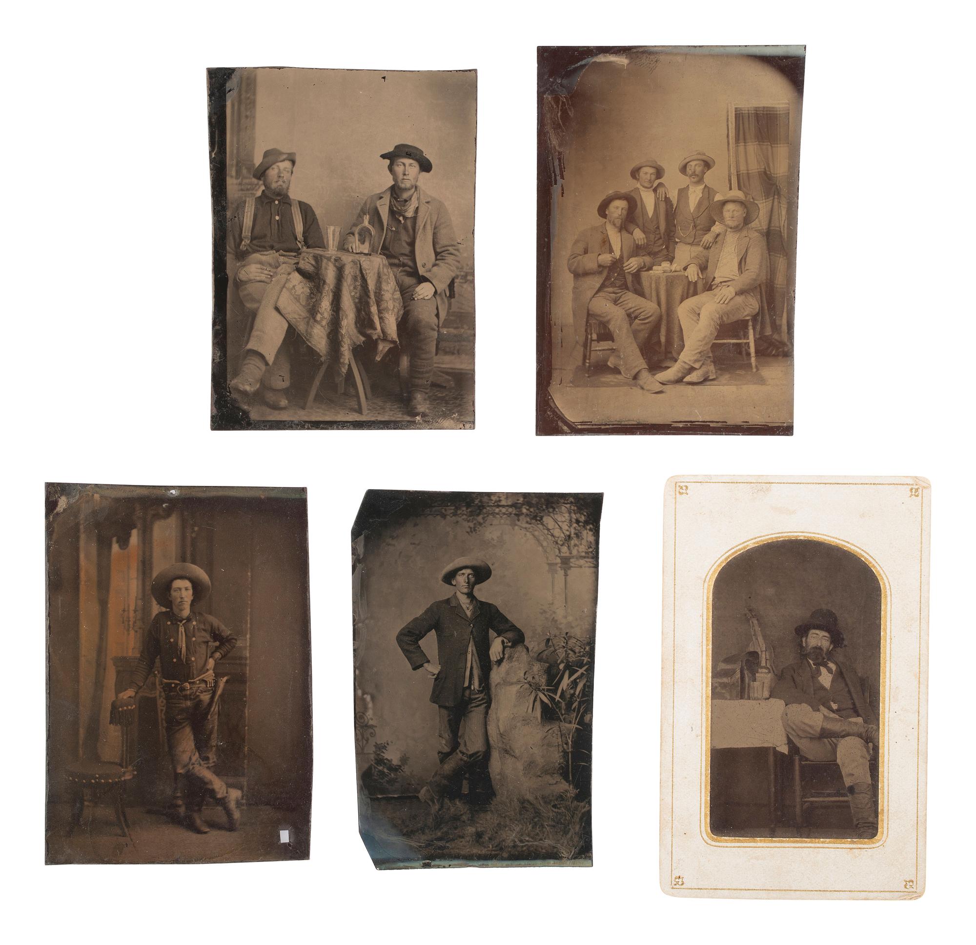 [WESTERN AMERICANA] 10 tintypes, incl. pairs and groups of cowboys, some with female companions.