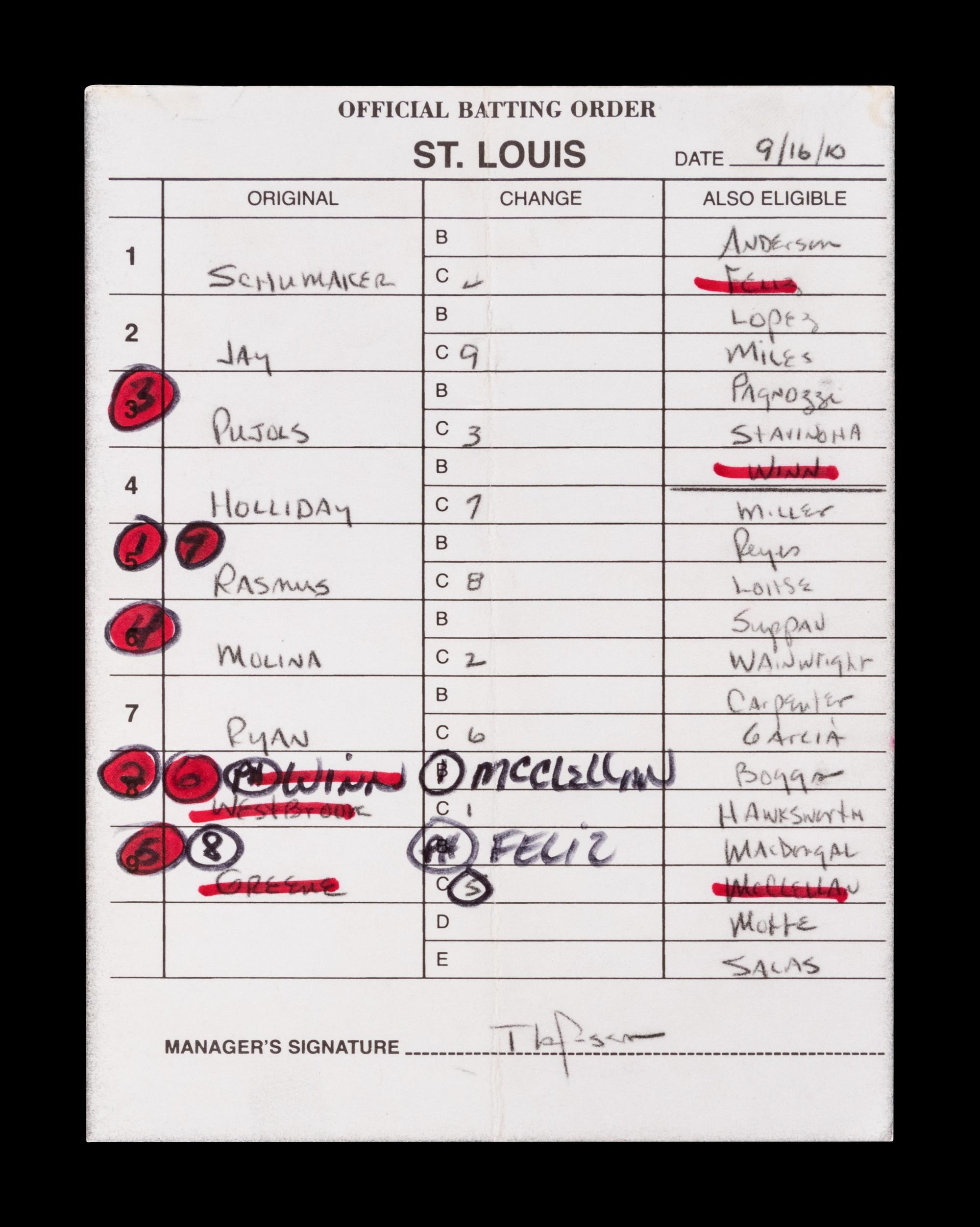 A Group of Five Hall of Fame Manager Signed Autograph Umpire Lineup Cards from The Collection of Baseball Hall of Famer Ted Simmons (including Tony LaRussa and Bobby Cox),