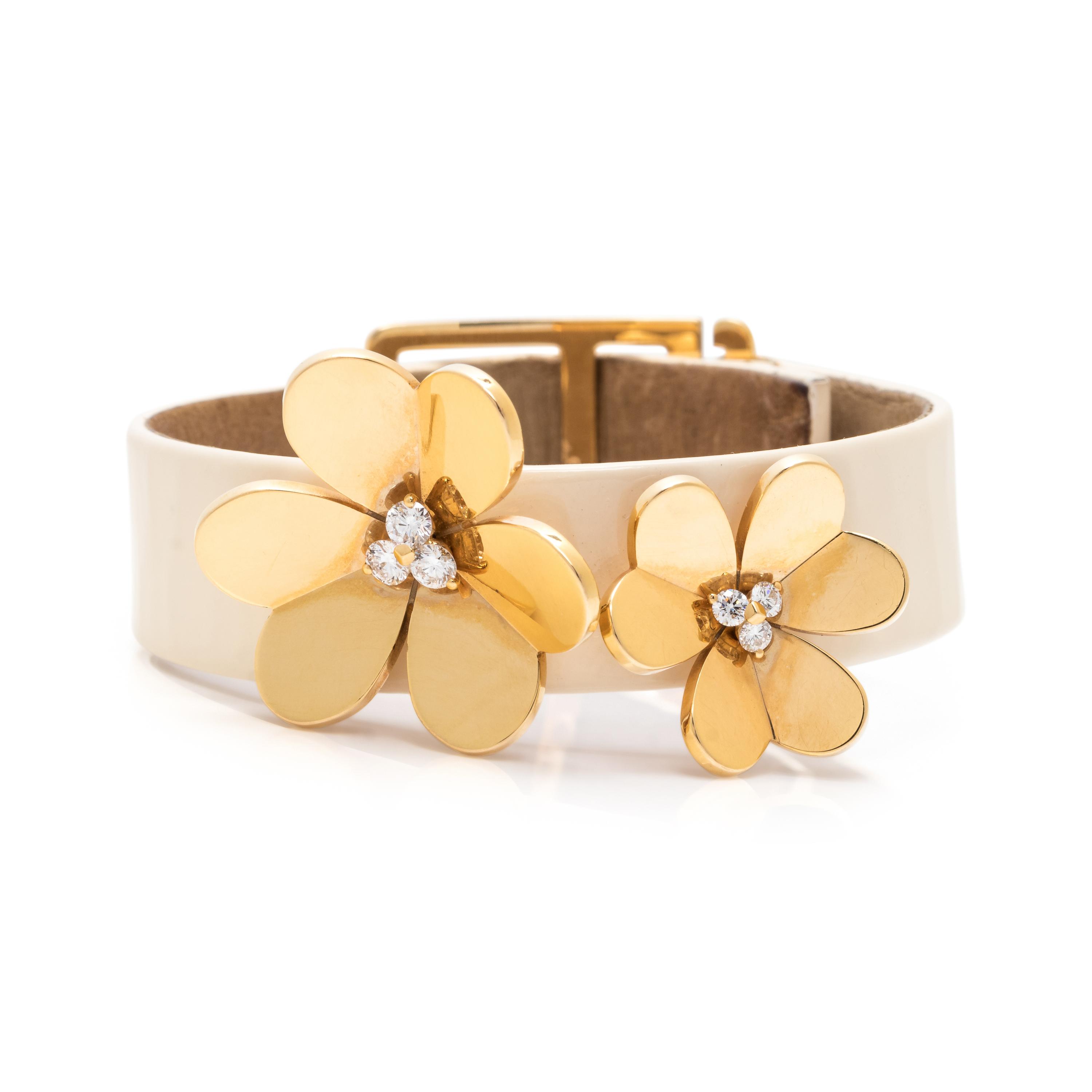 VAN CLEEF & ARPELS, PATENT LEATHER, YELLOW GOLD AND DIAMOND 'FRIVOLE' BRACELET