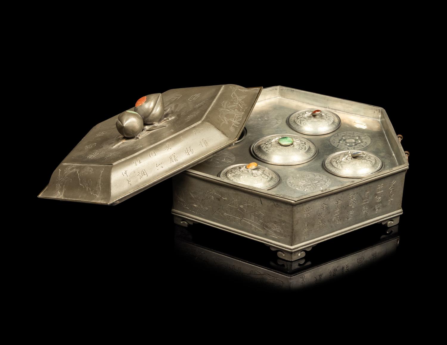 A Chinese Hardstone Inset Pewter Warmer Set