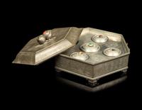 A Chinese Hardstone Inset Pewter Warmer Set