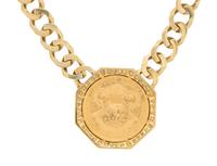 YELLOW GOLD, DIAMOND, AND COIN PENDANT NECKLACE