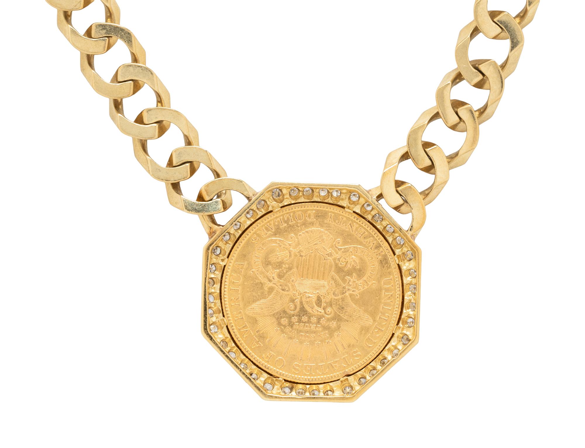 YELLOW GOLD, DIAMOND, AND COIN PENDANT NECKLACE