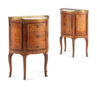 A Pair of Louis XV/XVI Transitional Style Parquetry Marble-Top Side Cabinets
