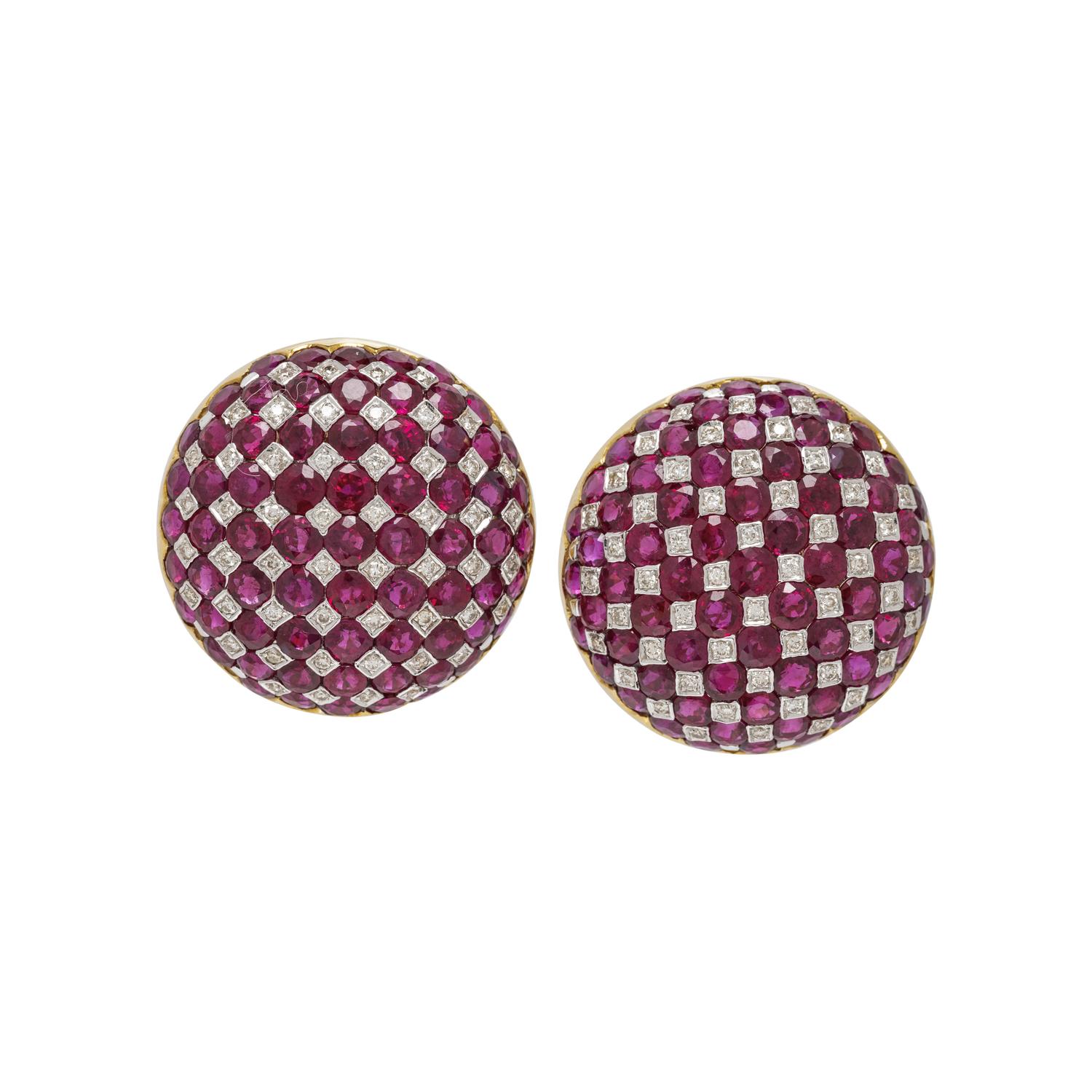 RUBY AND DIAMOND CHECKERBOARD EARCLIPS