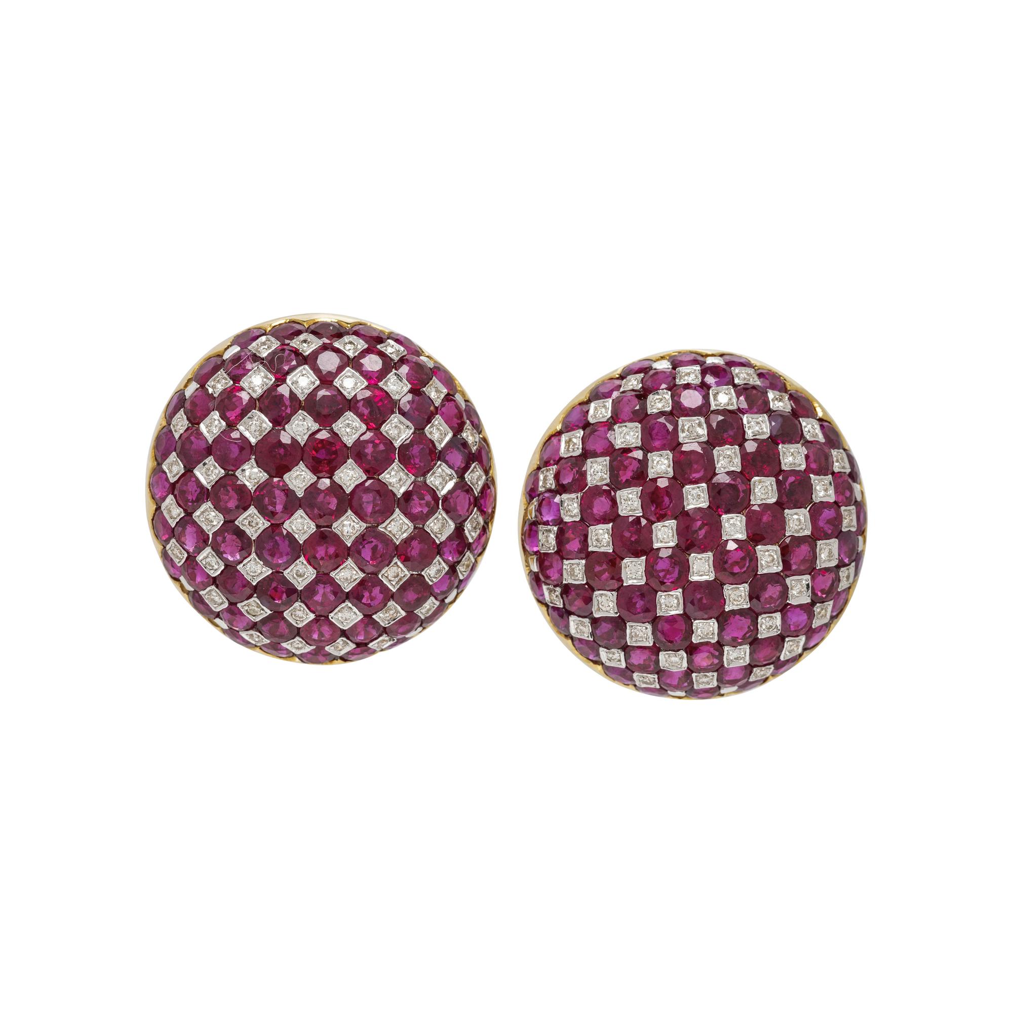 RUBY AND DIAMOND CHECKERBOARD EARCLIPS