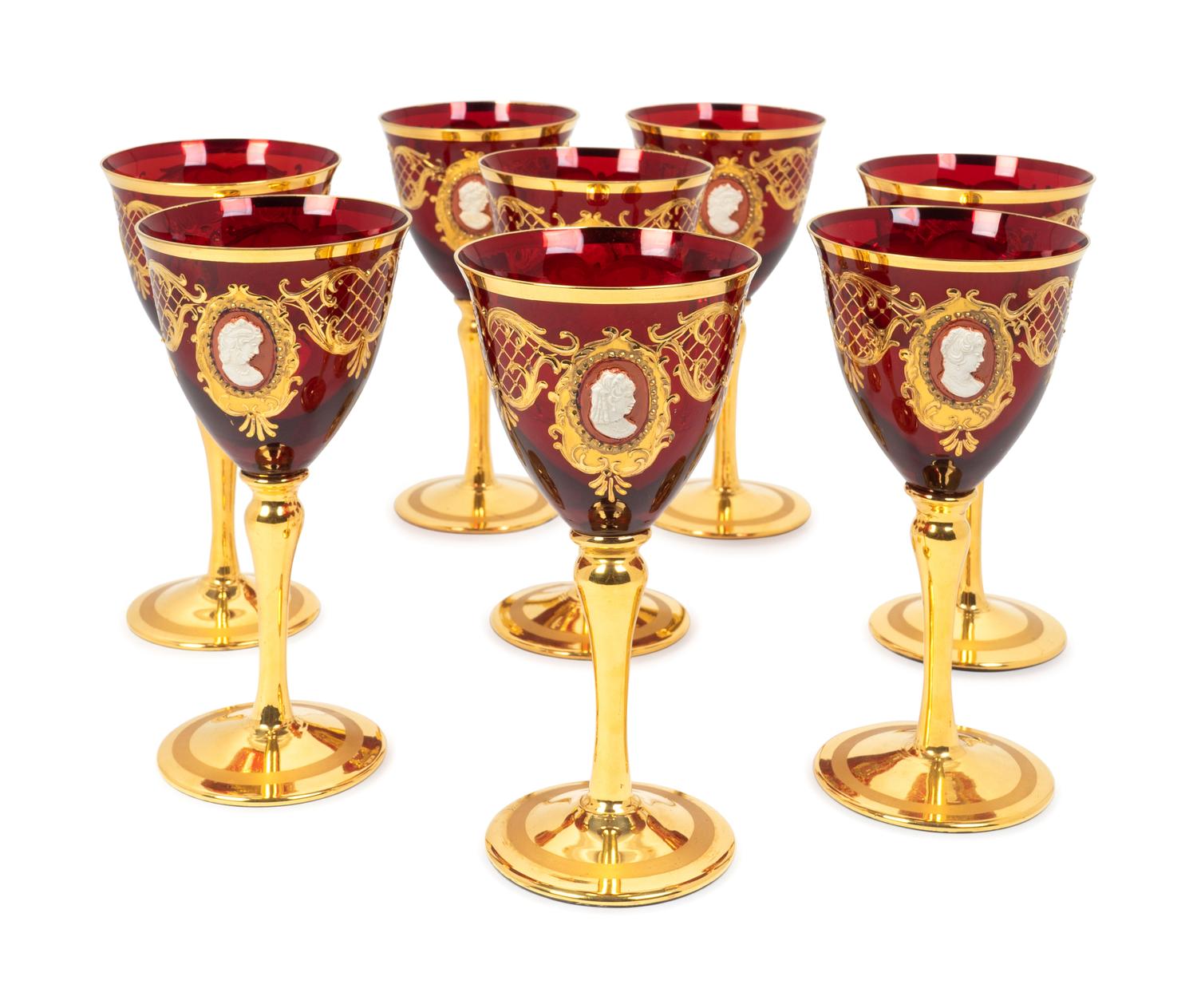 A Set of Eight Gilt-Decorated Ruby-Flashed Glass Wine Glasses