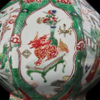 An Associated Pair of Chinese Famille Verte Porcelain Bottle Vases, Kangxi Period 清康熙 五彩仕女圖六方賞瓶兩件