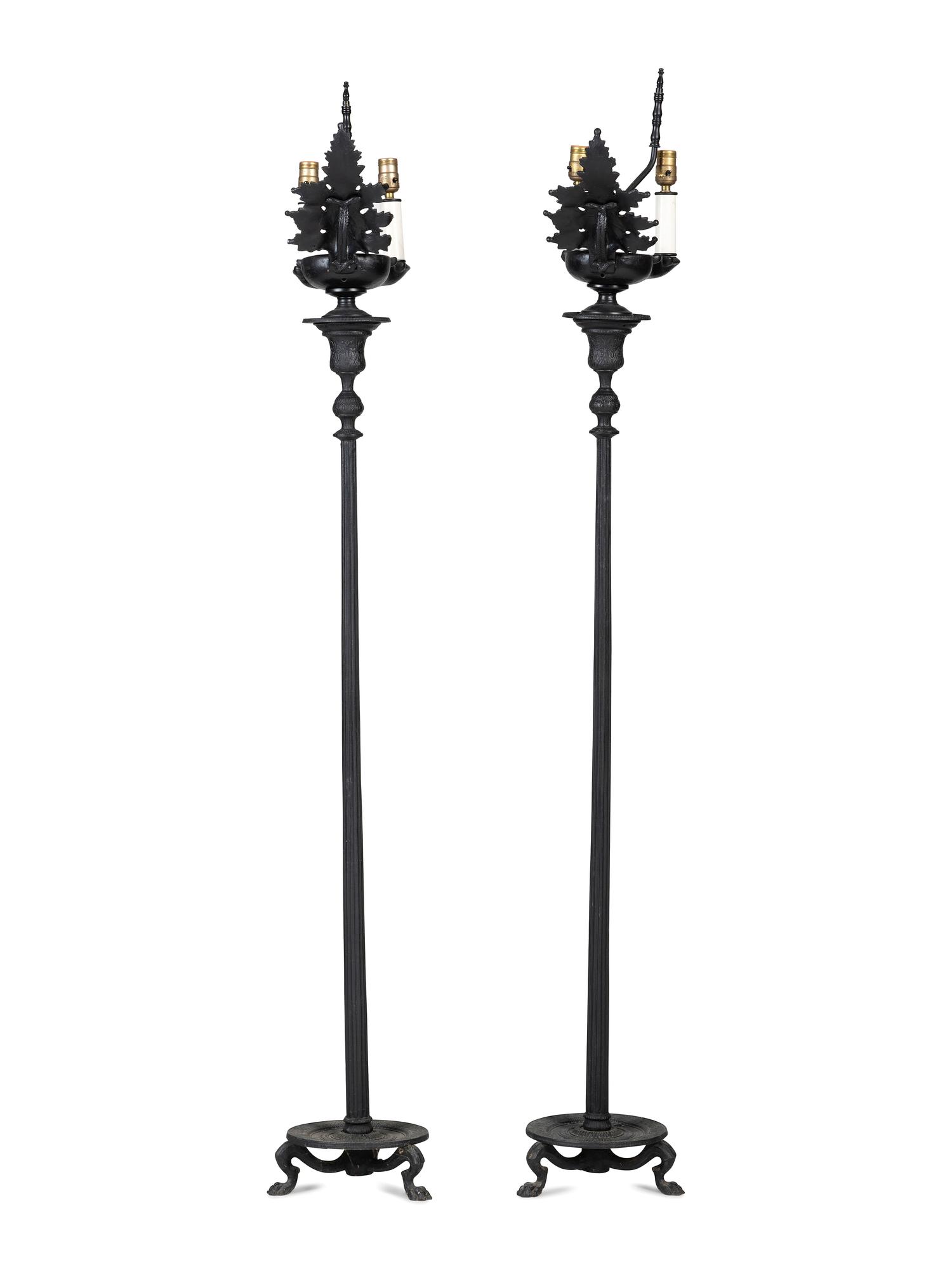 A Pair of Neoclassical Style Cast Metal Floor Lamps