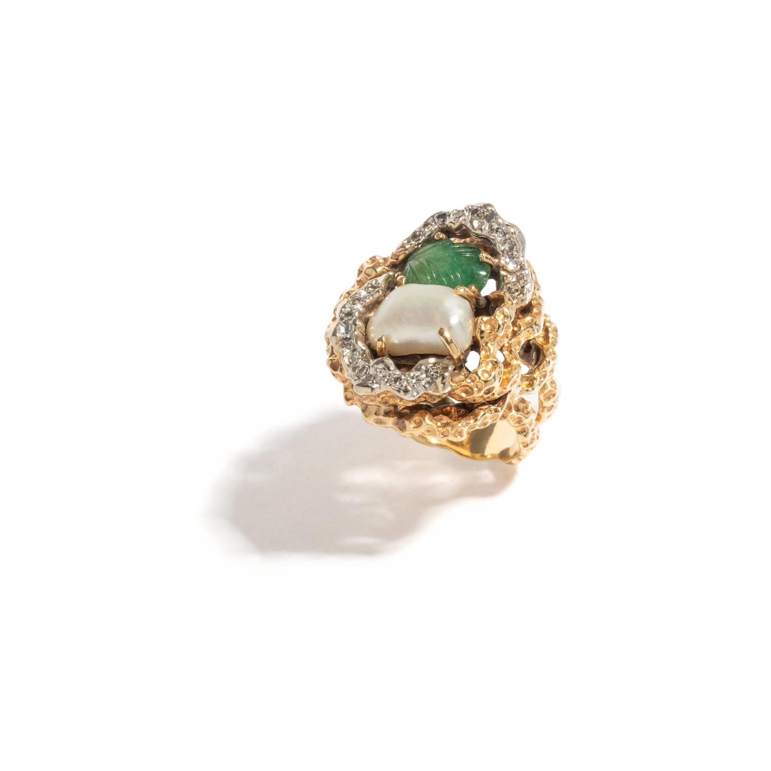 EMERALD, BAROQUE CULTURED PEARL AND DIAMOND RING