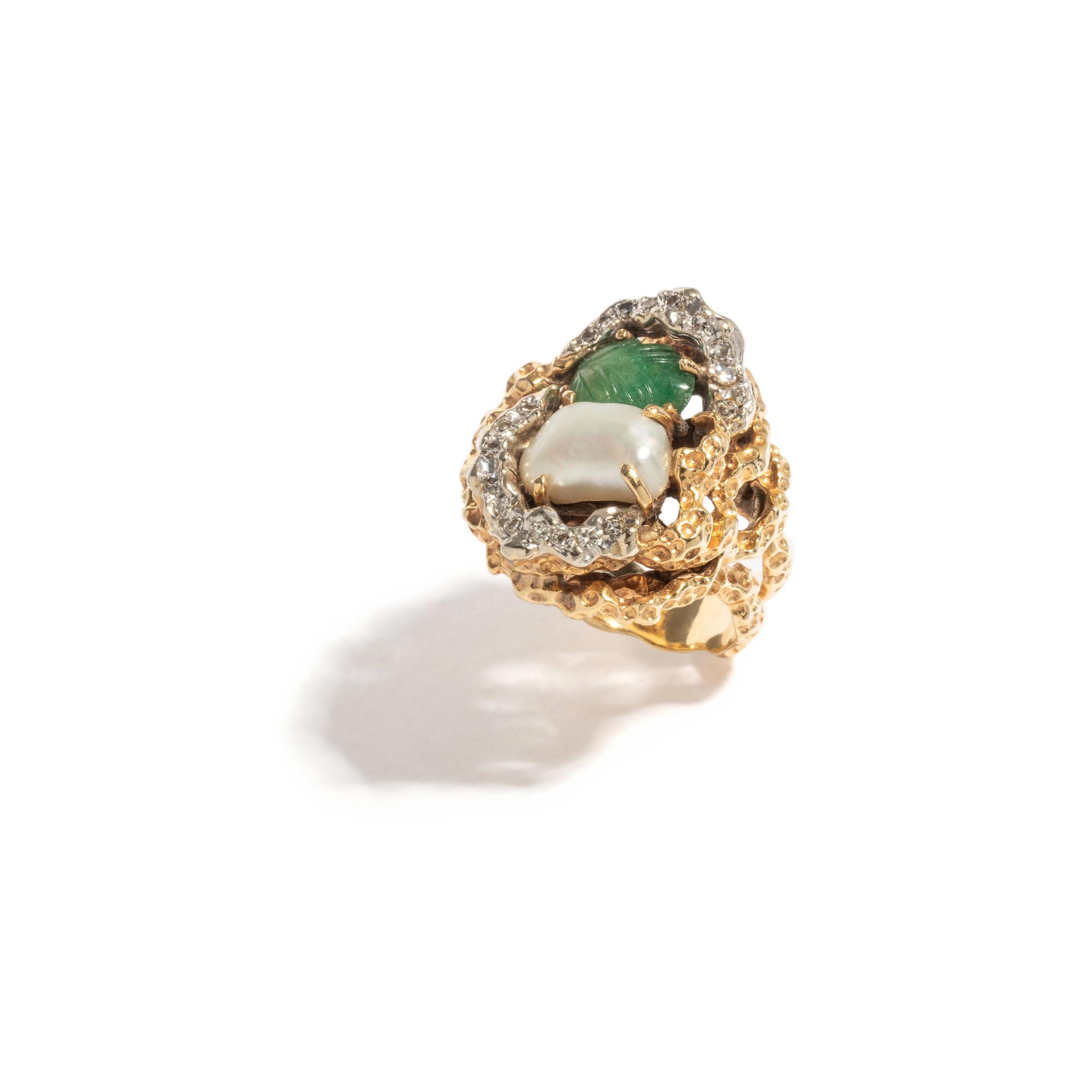 EMERALD, BAROQUE CULTURED PEARL AND DIAMOND RING