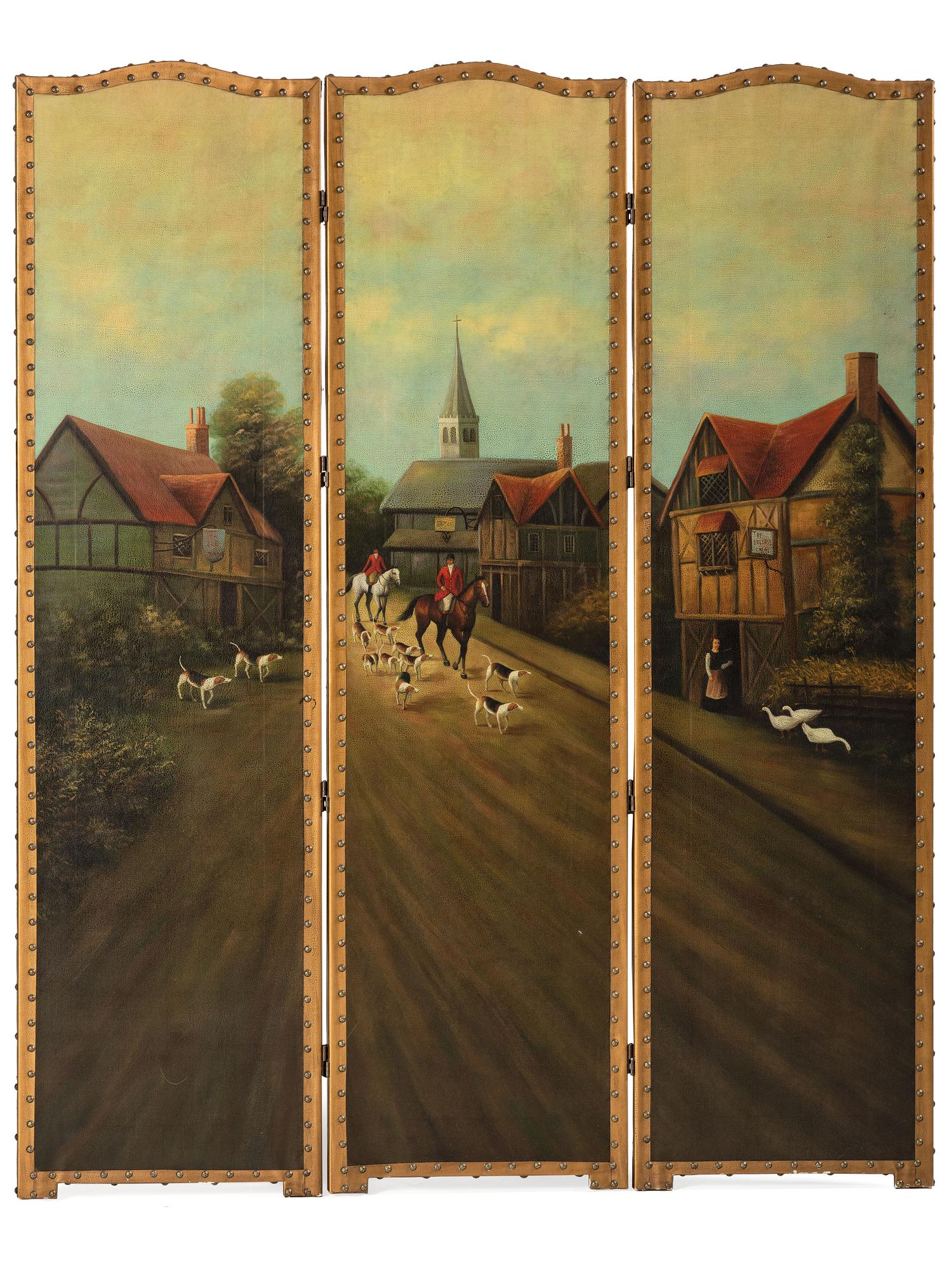 A Regency Style Painted Leather Three-Panel Floor Screen
