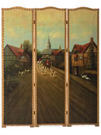A Regency Style Painted Leather Three-Panel Floor Screen