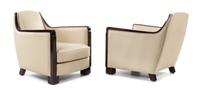 A Pair of Art Deco Mahogany and Leather Club Chairs Height 29 x width 26 x depth 29 inches