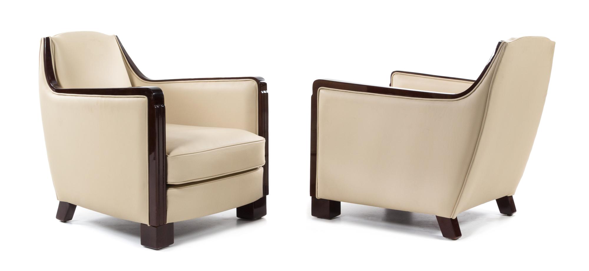 A Pair of Art Deco Mahogany and Leather Club Chairs Height 29 x width 26 x depth 29 inches