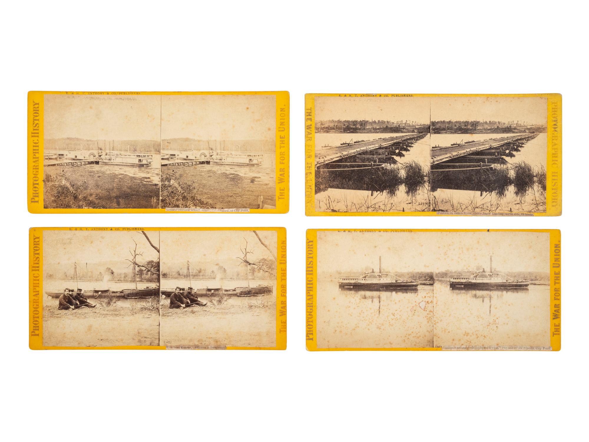 [CIVIL WAR]. 11 stereoviews featuring waterways, gun boats, and pontoon bridges.