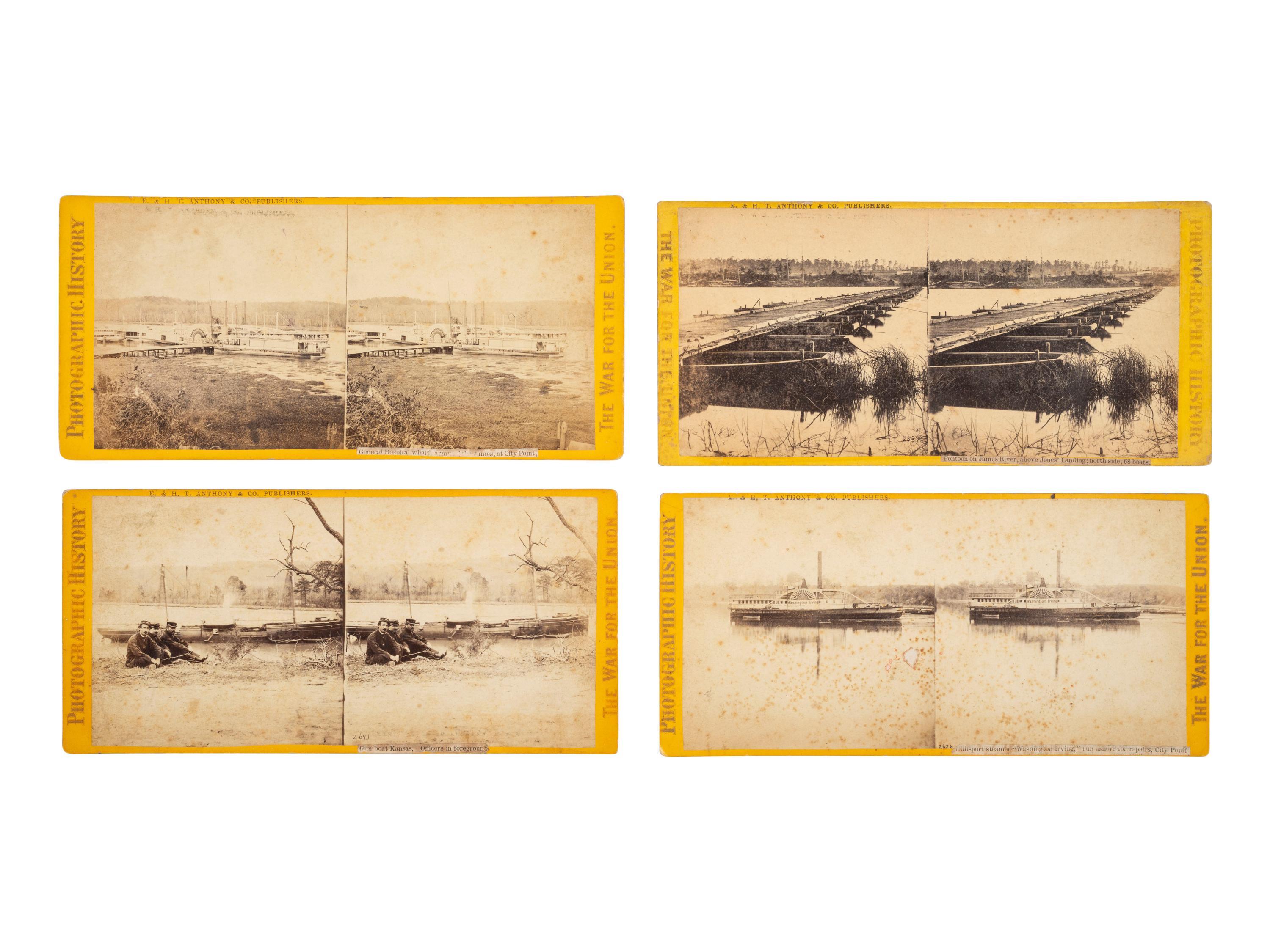 [CIVIL WAR]. 11 stereoviews featuring waterways, gun boats, and pontoon bridges.
