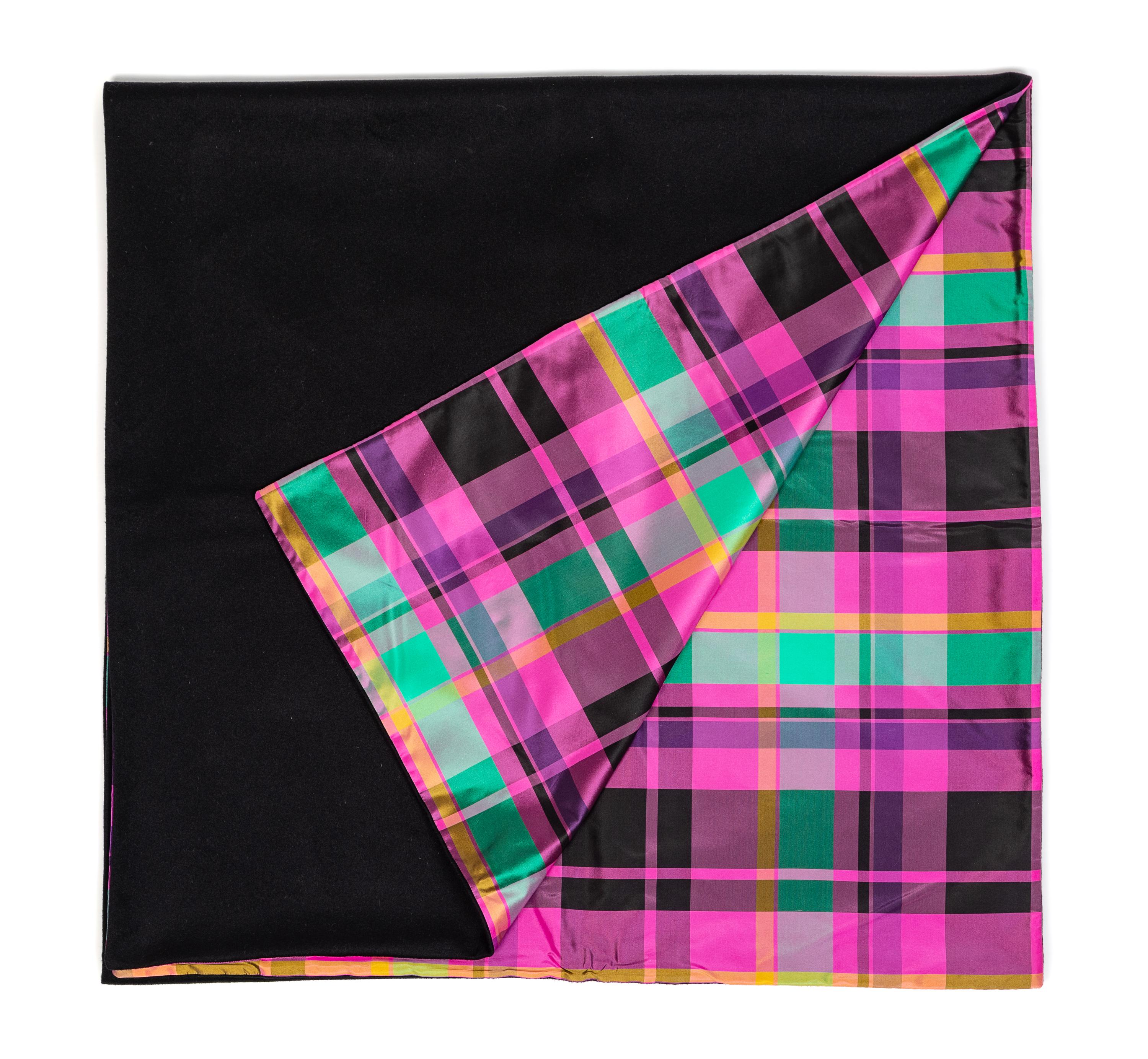 Versace Black Wool Scarf Lined with Pink and Green Silk, 1990s