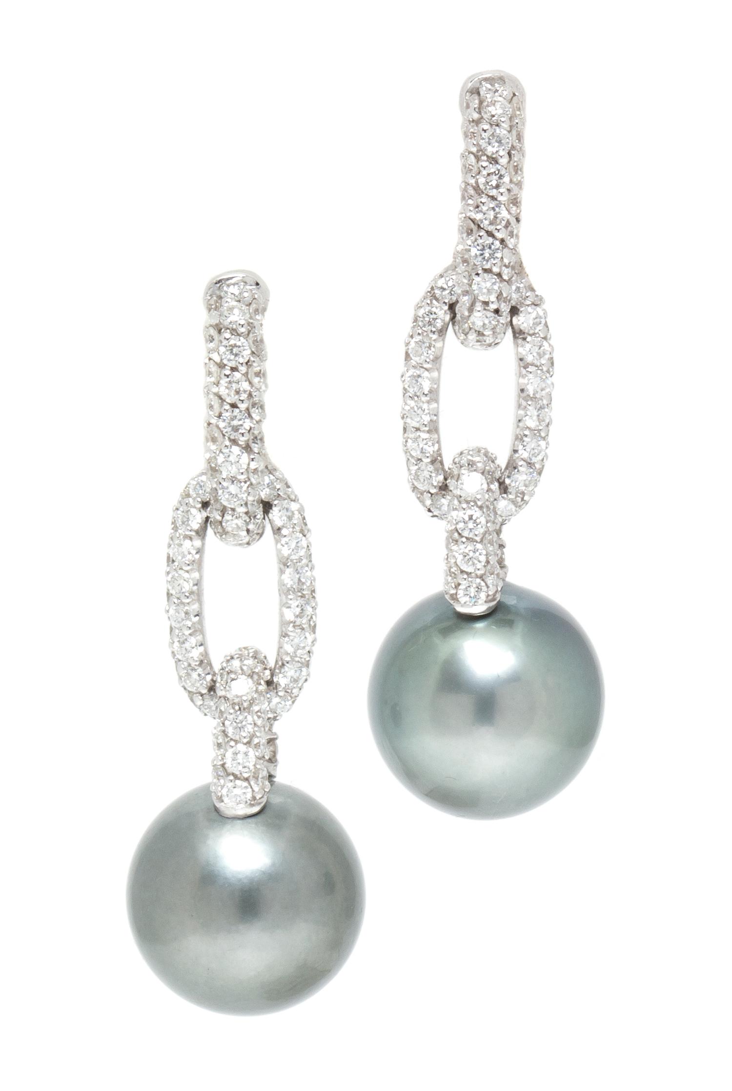 A Pair of 18 Karat White Gold, Diamond and Tahitian Pearl Earrings, Italian, 10.00 dwts.