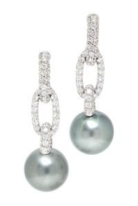 A Pair of 18 Karat White Gold, Diamond and Tahitian Pearl Earrings, Italian, 10.00 dwts.