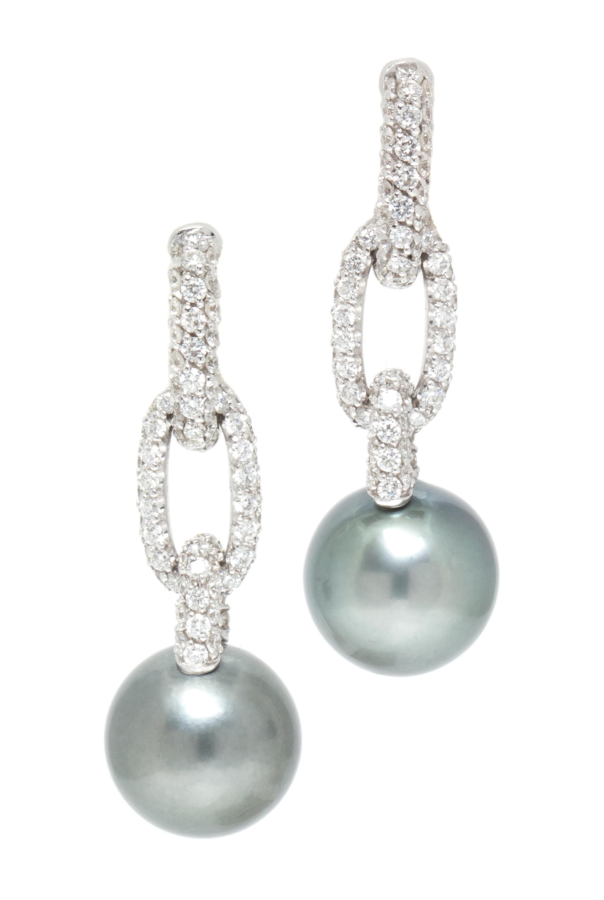 A Pair of 18 Karat White Gold, Diamond and Tahitian Pearl Earrings, Italian, 10.00 dwts.