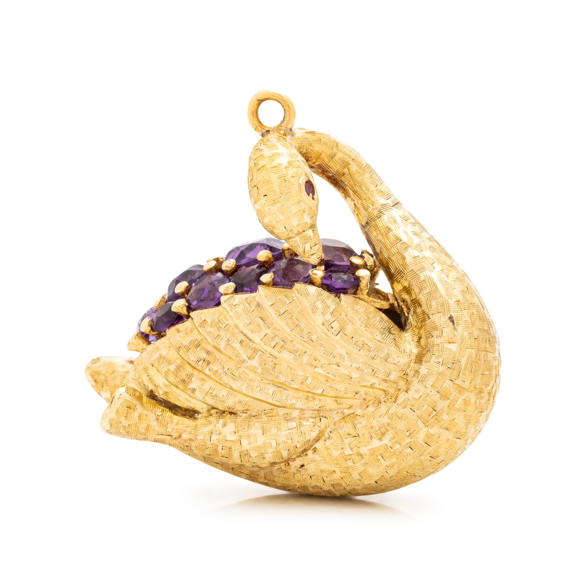 YELLOW GOLD, AMETHYST AND RUBY SWAN CHARM