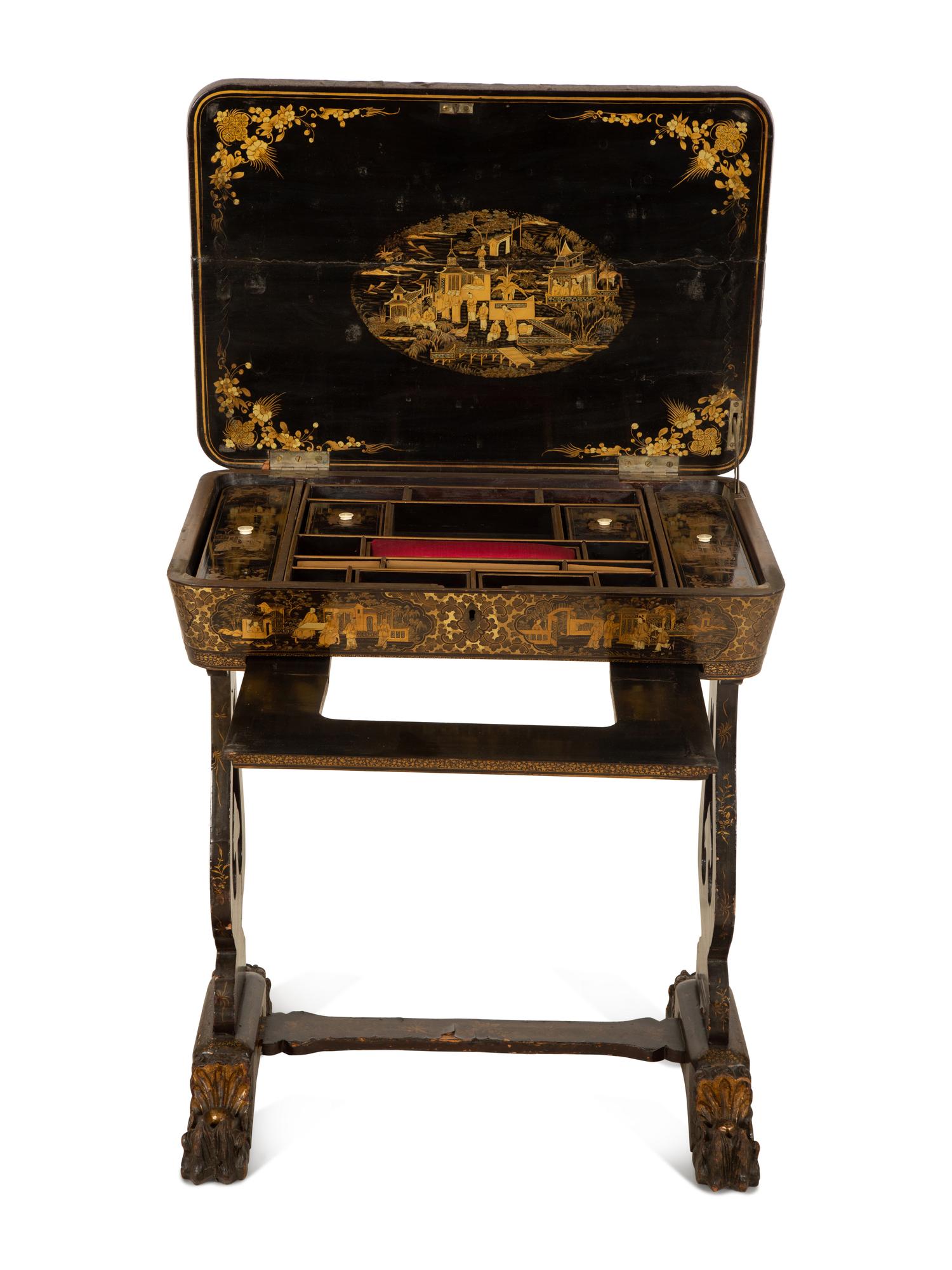 A Chinese Export Black and Gilt Lacquer Sewing Table — 19th Century
